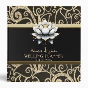Elegant Gold Glitter Swirls White Lotus Wedding Binder