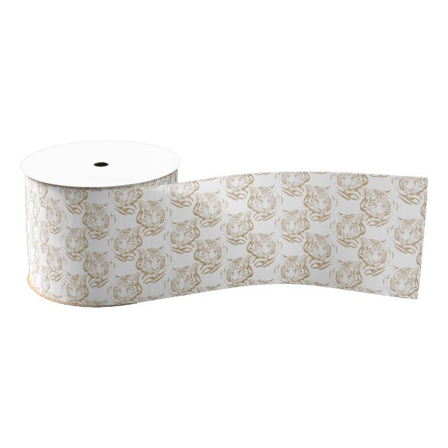 Elegant Gold Glitter Tiger Print White Design Grosgrain Ribbon (Spool)