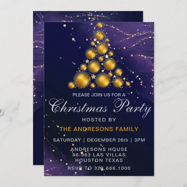 Elegant Gold Glitter Tree blue Christmas Party  Invitation (Front/Back)