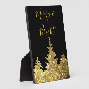 Elegant Gold Glitter Trees Merry and Bright Plaque
