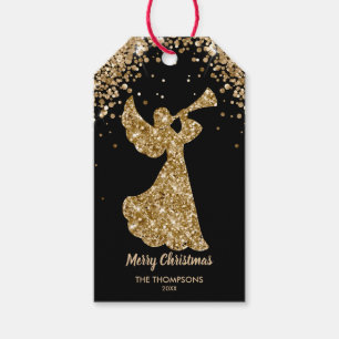 Elegant Gold Glitter Trumpet Angel Merry Christmas Gift Tags