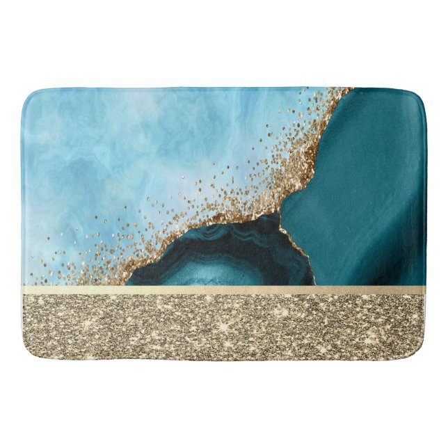 Elegant Gold Glitter Turquoise Marble Bath Mat (Front)