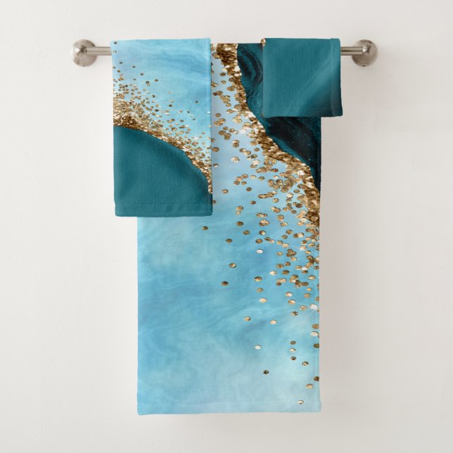 Elegant Gold Glitter Turquoise Marble Bath Towel Set (Insitu)