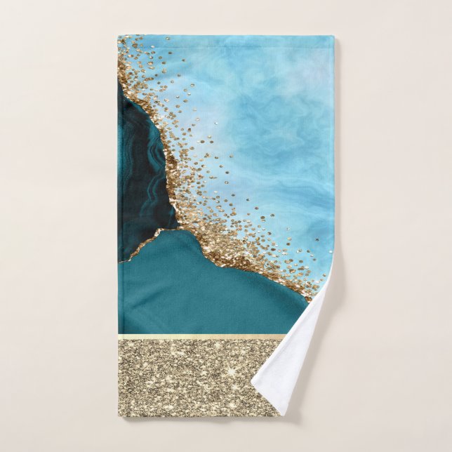 Elegant Gold Glitter Turquoise Marble Bath Towel Set (Hand Towel)