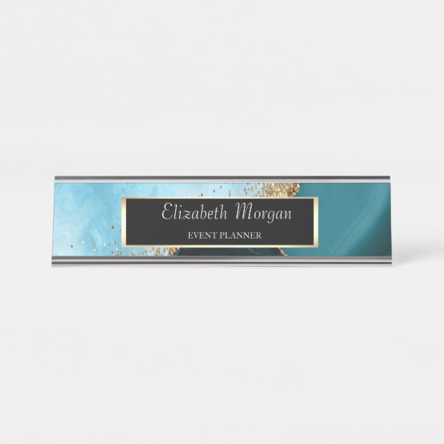 Elegant Gold Glitter Turquoise Marble, Frame Desk Name Plate (Front)