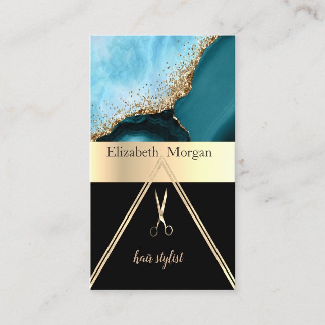 Elegant Gold Glitter Turquoise Marble,Scissors Business Card (Front)