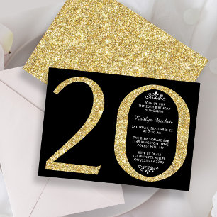 Elegant Gold Glitter Typography 20th Birthday Invitation