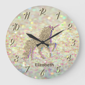 Elegant Gold Glitter Unicorn Bokeh Large Clock