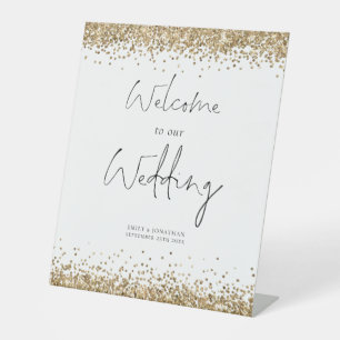 Elegant Gold Glitter Welcome to Wedding Pedestal Sign