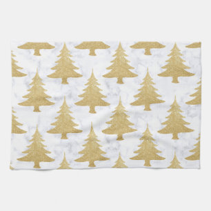 Elegant Gold Glitter & White Marble Christmas Tree Kitchen Towel