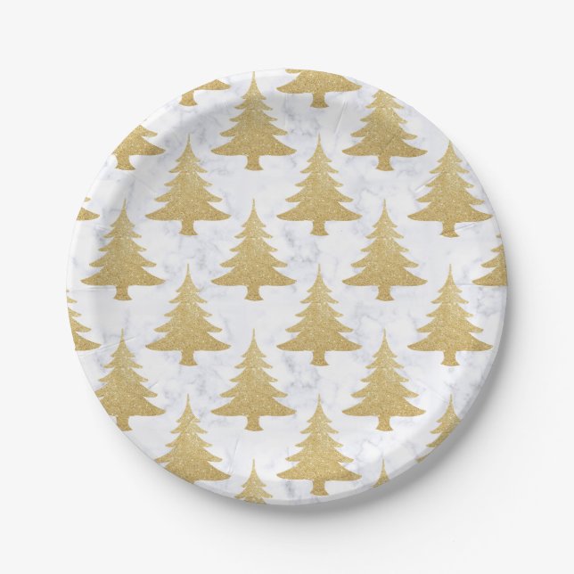 Elegant Gold Glitter & White Marble Christmas Tree Paper Plate (Front)