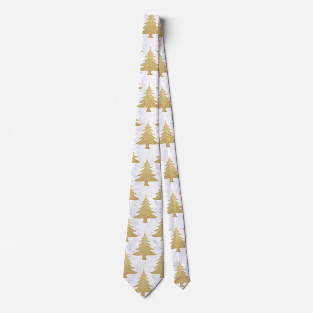 Elegant Gold Glitter & White Marble Christmas Tree Tie (Front)