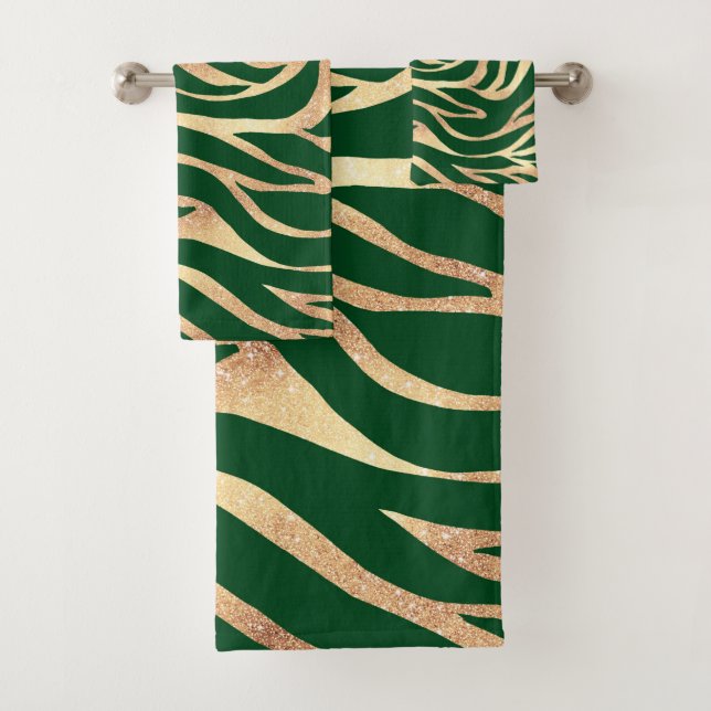 Elegant Gold Glitter Zebra Green Animal Print Bath Towel Set (Insitu)