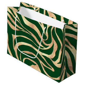 Elegant Gold Glitter Zebra Green Animal Print Large Gift Bag