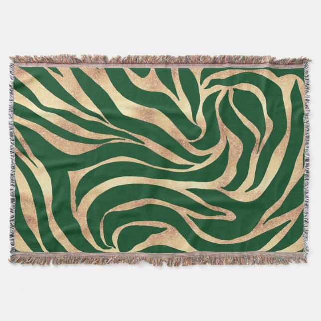 Elegant Gold Glitter Zebra Green Animal Print Throw Blanket (Front)