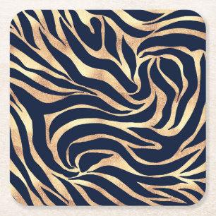 Elegant Gold Glitter Zebra Nay-Blue Animal Print Square Paper Coaster