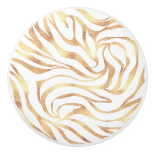 Elegant Gold Glitter Zebra White Animal Print Ceramic Knob