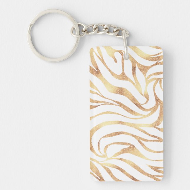 Elegant Gold Glitter Zebra White Animal Print Keychain (Front)