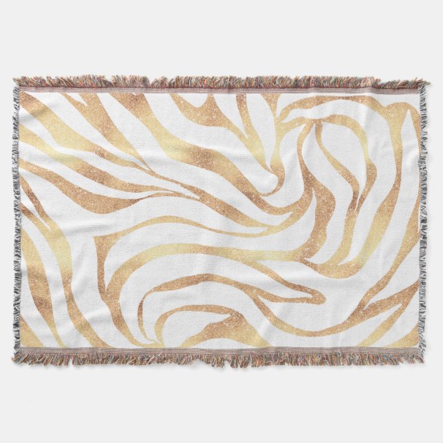 Elegant Gold Glitter Zebra White Animal Print Throw Blanket (Front)