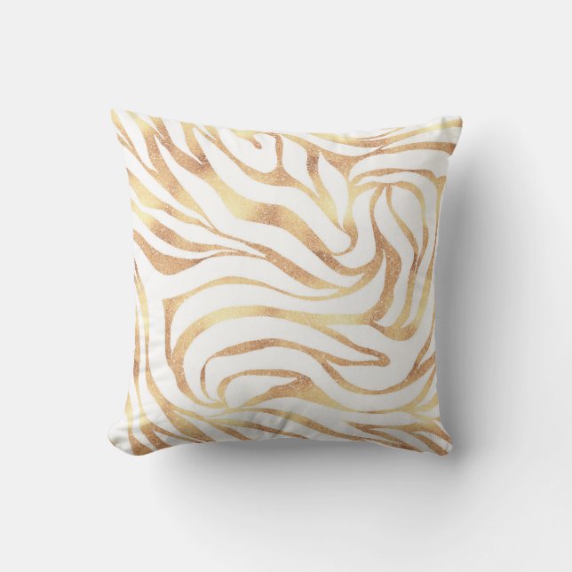 Elegant Gold Glitter Zebra White Animal Print Throw Pillow (Front)