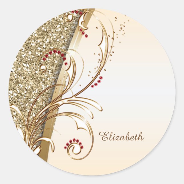 Elegant Gold Glittery Swirls Classic Round Sticker (Front)