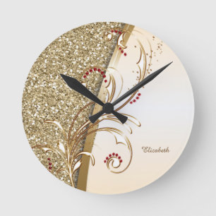 Elegant Gold Glittery Swirls Round Clock