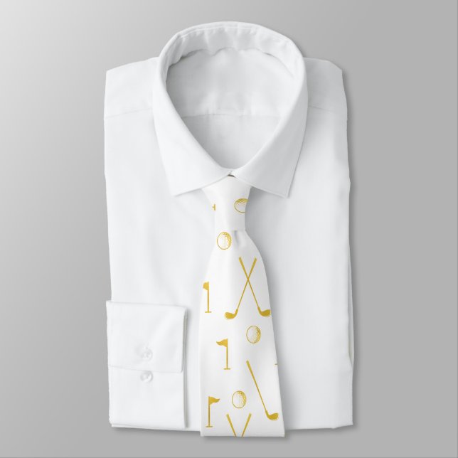 Elegant Gold Golf Pattern Golfer White  Tie (Tied)