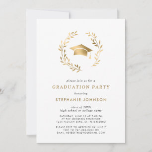 Elegant Gold Grad Cap and Wreath Graduation Party Invitation