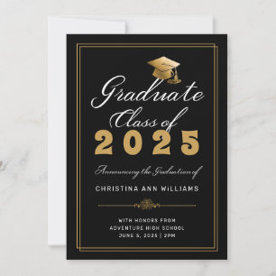 Elegant Gold Grad Cap Frame Black 2024 Graduation Announcement