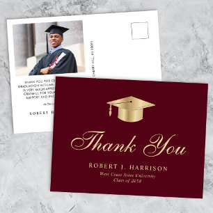 Elegant Gold Grad Cap Photo Graduation Thank You Postcard