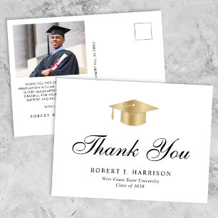Elegant Gold Grad Cap Photo Graduation Thank You Postcard