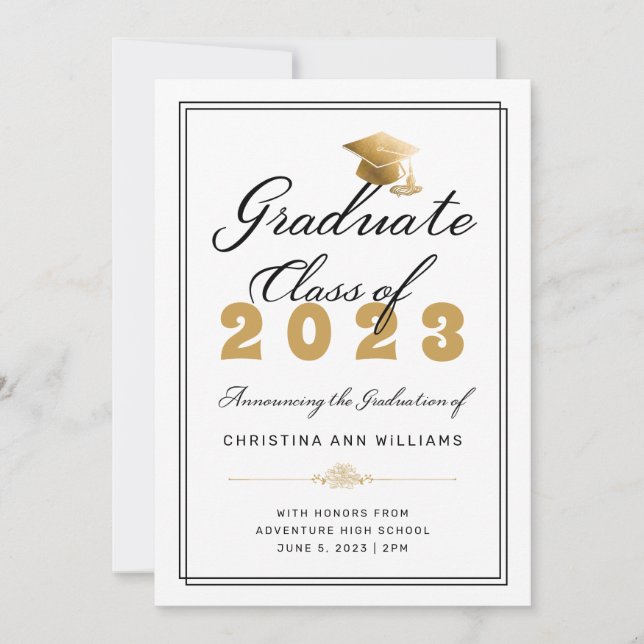 Elegant Gold Grad Cap White Graduate Class of 2023 Announcement (Front)