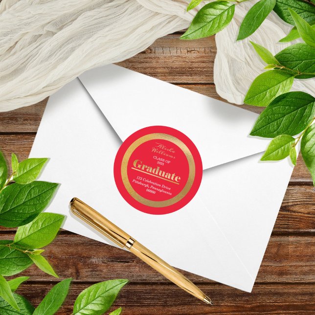 Elegant Gold Graduate Red Return Address Classic Round Sticker (Creator Uploaded)