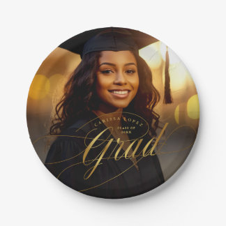 Elegant Gold Graduation Calligraphy Photo  Paper Plate