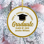 Elegant Gold Graduation Photo Graduate Christmas Ceramic Ornament<br><div class="desc">This elegant gold graduation Christmas ornament features your high school or college graduate name and school in chic,  bold typography surrounding a modern black grad cap. Customize with your senior portrait photo on the back. Great keepsake gift for a senior.</div>