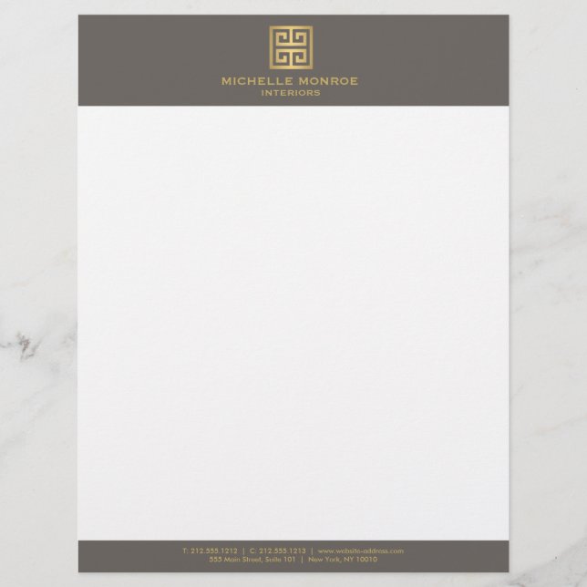 Elegant Gold Greek Key Interior Designer Taupe Letterhead (Front)