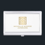 Elegant Gold Greek Key Interior Designer White Business Card Holder<br><div class="desc">Coordinates with the Elegant Gold Greek Key Interior Designer White Business Card Template by 1201AM. A faux metallic gold greek key emblem is combined with your name or business name for a chic logo on this personalized business card holder. © 1201AM CREATIVE</div>