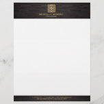 Elegant Gold Greek Key Interior Designer Woodgrain Letterhead<br><div class="desc">Coordinates with the Elegant Gold Greek Key Interior Designer Woodgrain Business Card Template by 1201AM. A faux metallic gold greek key emblem is combined with your name or business name for a chic logo on this personalized letterhead. Set on a dark woodgrain background image for a luxe aesthetic. This design...</div>