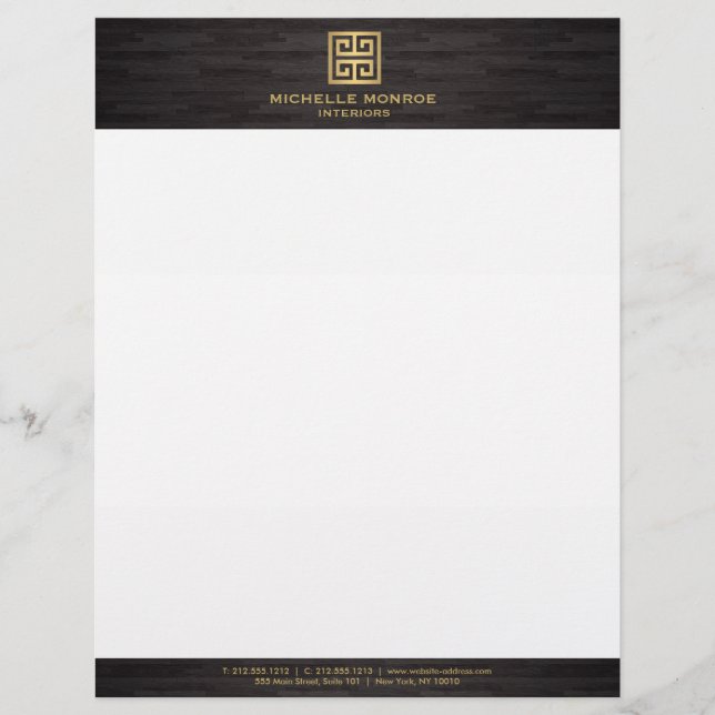 Elegant Gold Greek Key Interior Designer Woodgrain Letterhead (Front)