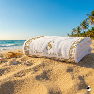 Elegant Gold Greek Key Monogram Personalized Beach Towel
