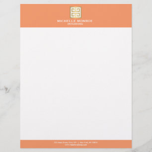 Elegant Gold Greek Key on Coral Interior Designer Letterhead