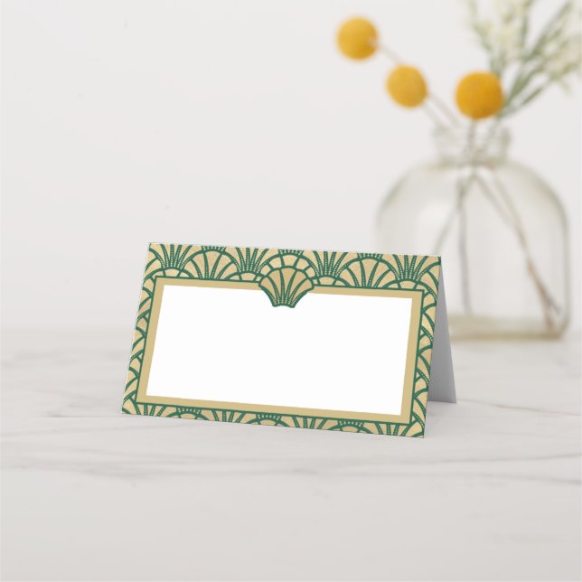 Elegant Gold Green Art Deco Wedding Event Place Card (Front)