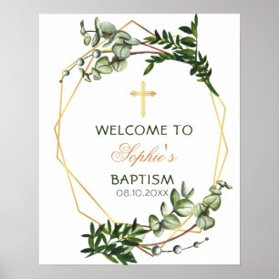 Elegant Gold & Green Botanical Baptism Welcome Poster