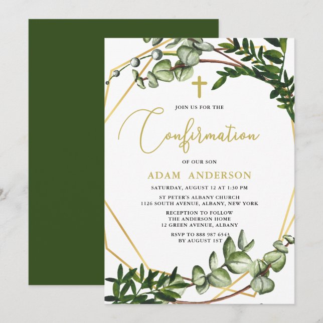 Elegant Gold & Green Botanical Confirmation Invitation (Front/Back)