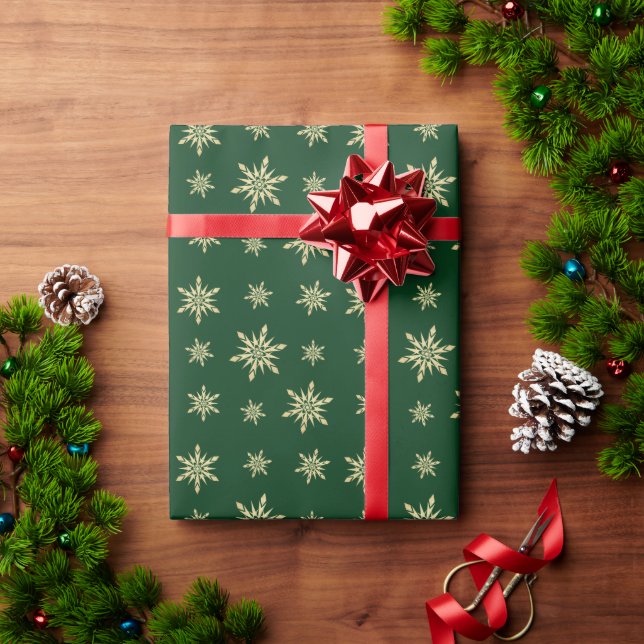 Elegant Gold & Green Christmas Snowflake Pattern Wrapping Paper (Holiday Gift)