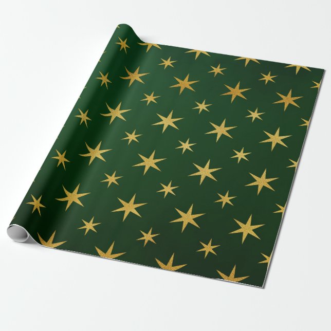 Elegant Gold Green Christmas Star Pattern Gift Wrapping Paper (Unrolled)