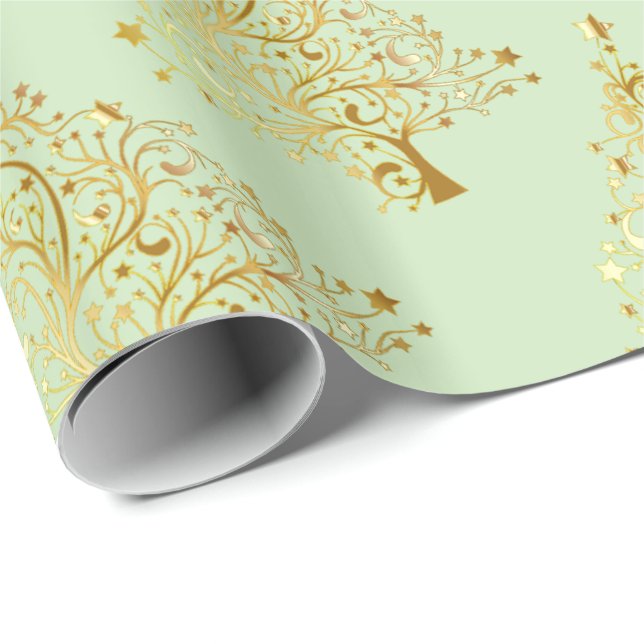 Elegant Gold & Green Christmas Tree Pattern Wrapping Paper (Roll Corner)