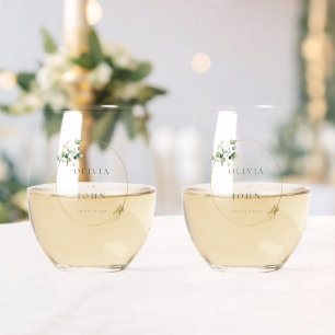 Elegant Gold Green Eucaliptus Wedding  Stemless Wine Glass