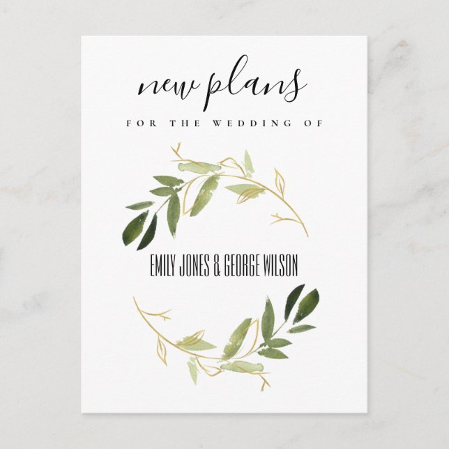 ELEGANT GOLD GREEN FOLIAGE WREATH WEDDING NEW PLAN ANNOUNCEMENT POSTCARD (Front)