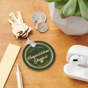 Elegant Gold   Green Grad Cap Class of 2021 Keychain